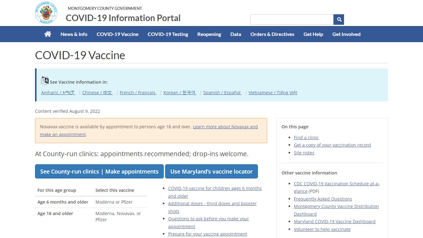 COVID-19 Vaccine - Montgomery County, MD