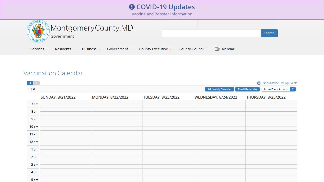 Vaccination Calendar - Montgomery County, Maryland
